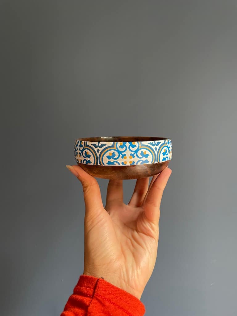 Nanna Blue tile painted-effect acacia wood mini snack bowl - Mediterranean home decor by Bonnymia