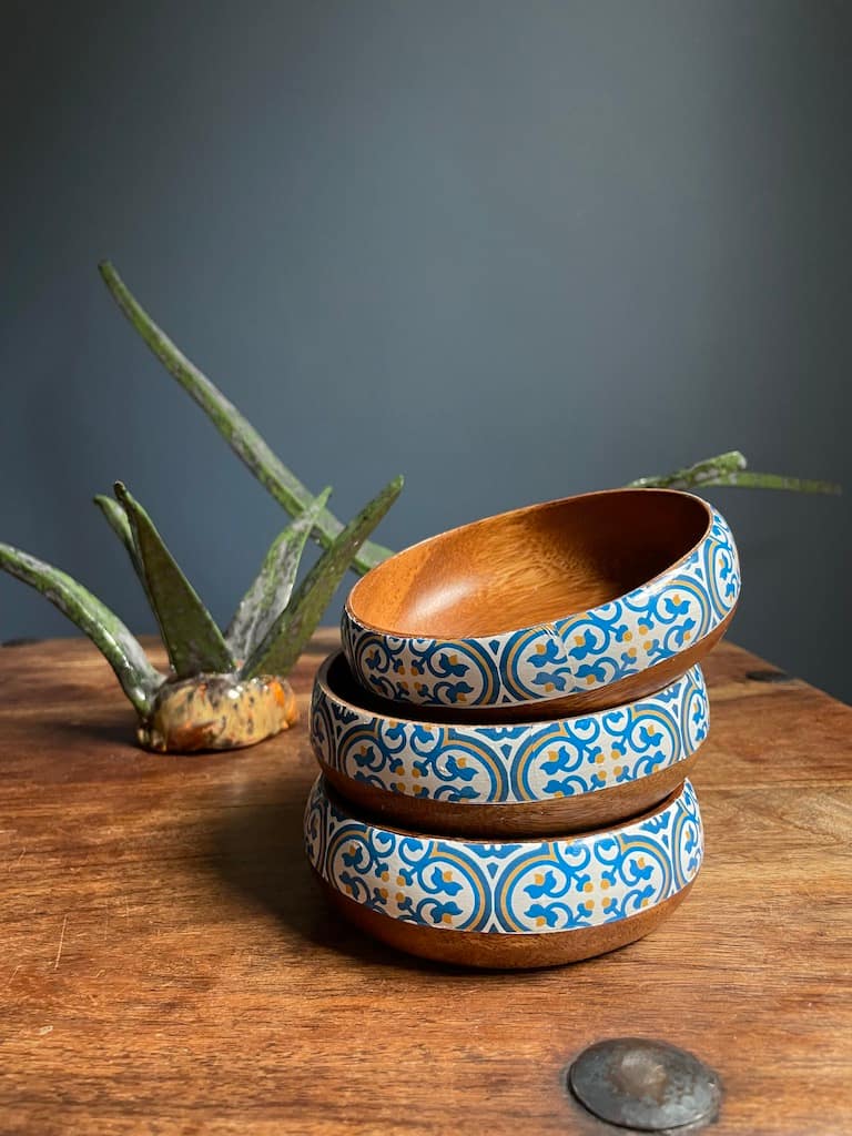 Nanna Blue tile painted-effect acacia wood mini snack bowl - Mediterranean home decor by Bonnymia