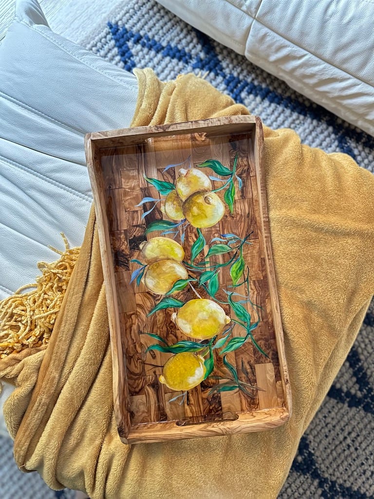 Hand-painted lemons rustic olive wood lap tray - Mediterranean home decor by Bonnymia