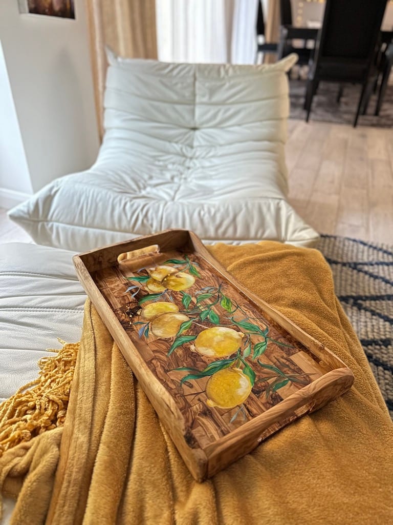 Hand-painted lemons rustic olive wood lap tray - Mediterranean home decor by Bonnymia