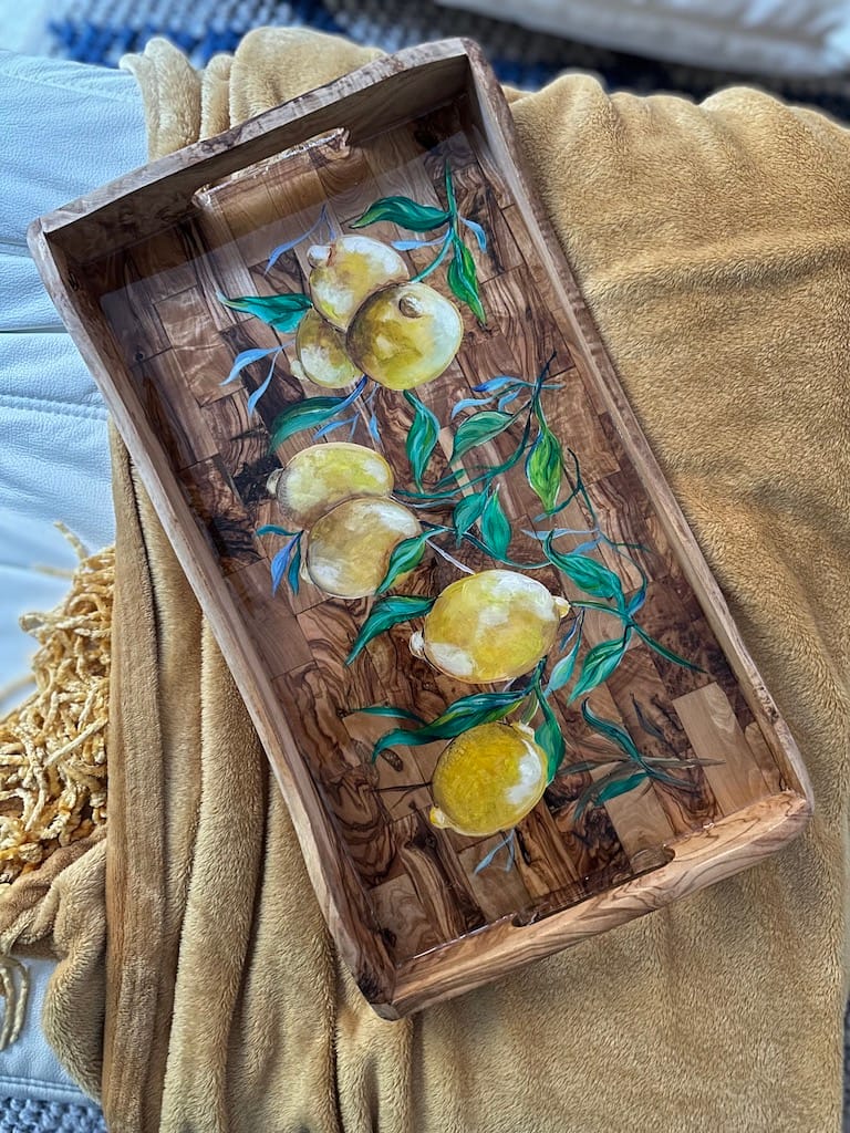 Hand-painted lemons rustic olive wood lap tray - Mediterranean home decor by Bonnymia