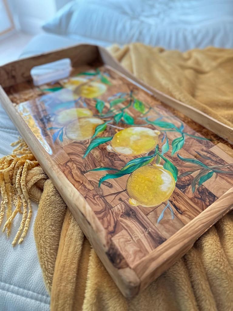 Hand-painted lemons rustic olive wood lap tray - Mediterranean home decor by Bonnymia