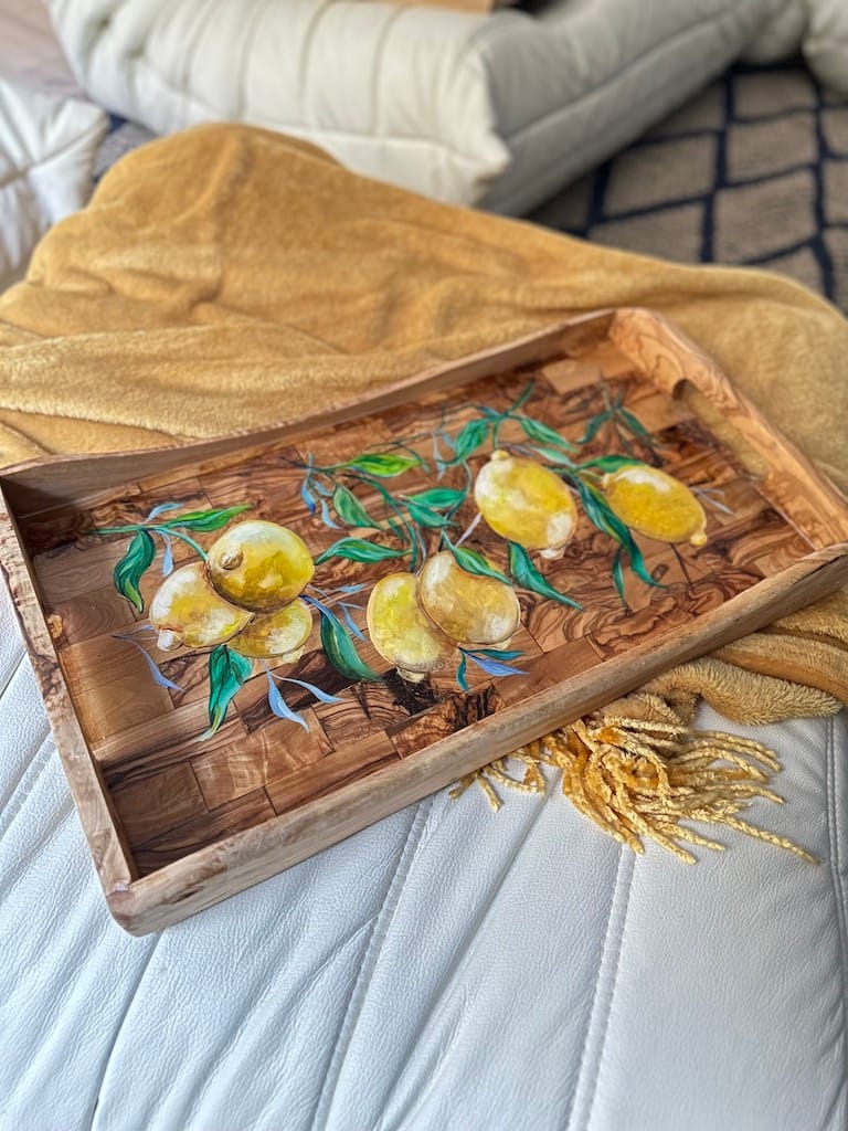 Hand-painted lemons rustic olive wood lap tray - Mediterranean home decor by Bonnymia