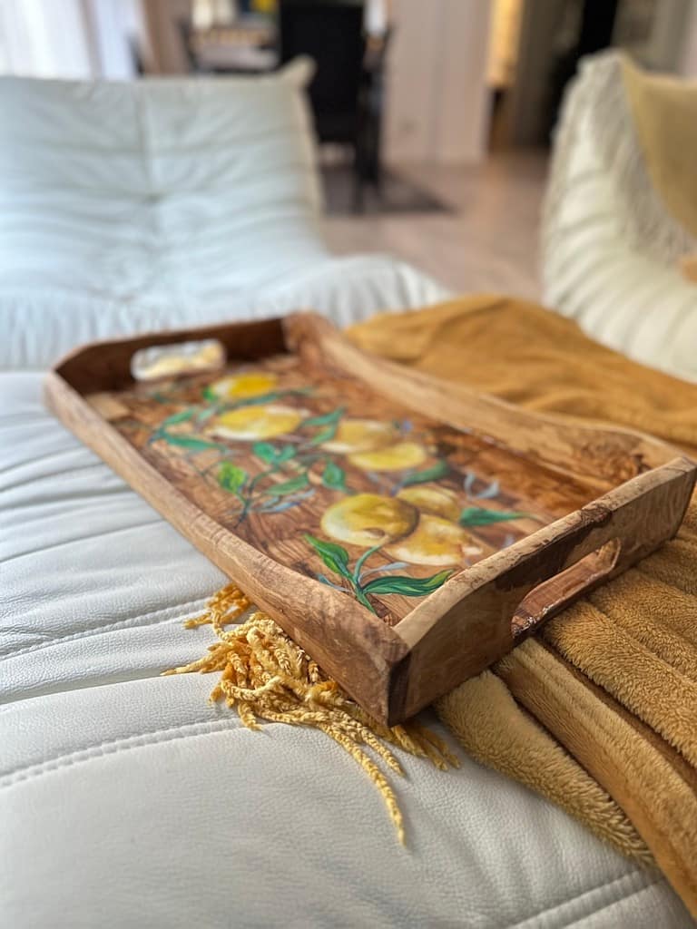 Hand-painted lemons rustic olive wood lap tray - Mediterranean home decor by Bonnymia