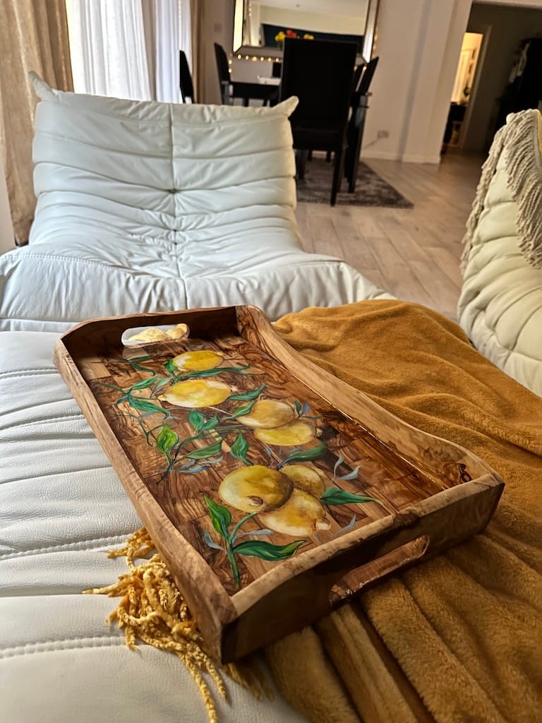 Hand-painted lemons rustic olive wood lap tray - Mediterranean home decor by Bonnymia