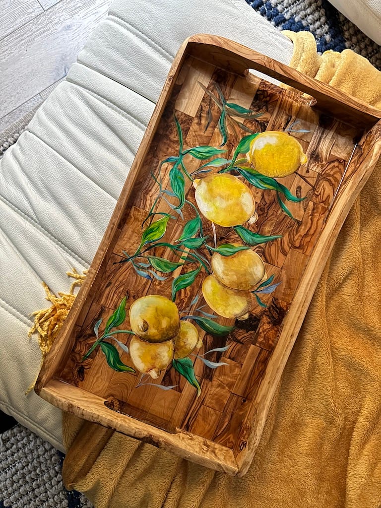 Hand-painted lemons rustic olive wood lap tray - Mediterranean home decor by Bonnymia