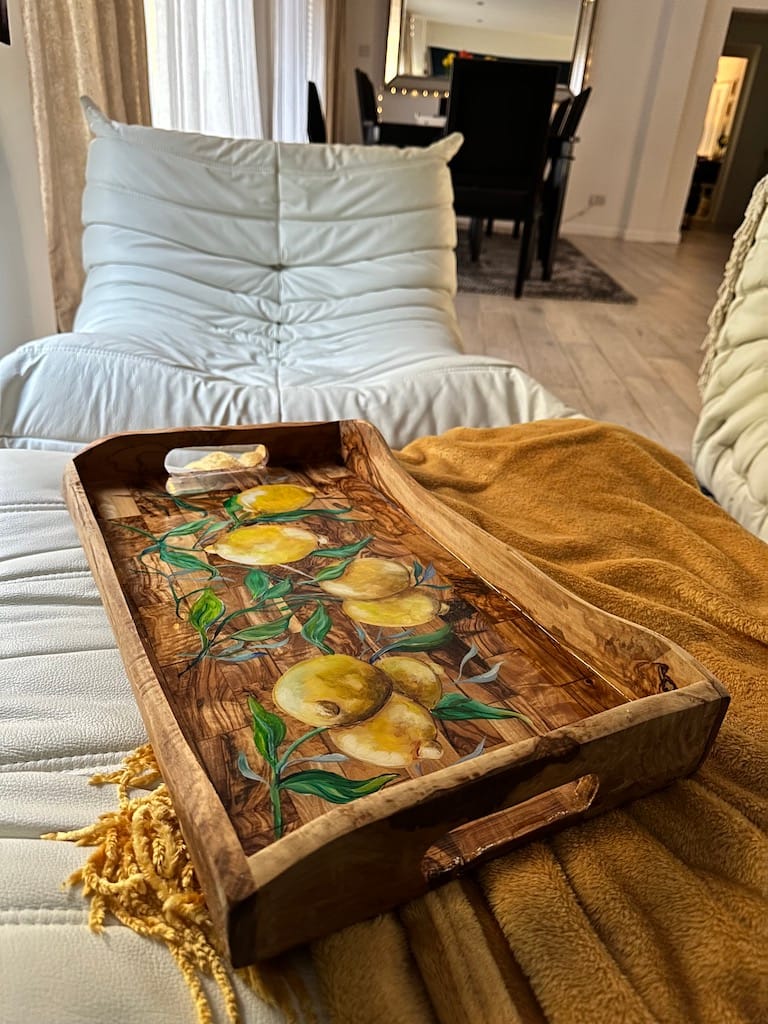 Hand-painted lemons rustic olive wood lap tray - Mediterranean home decor by Bonnymia