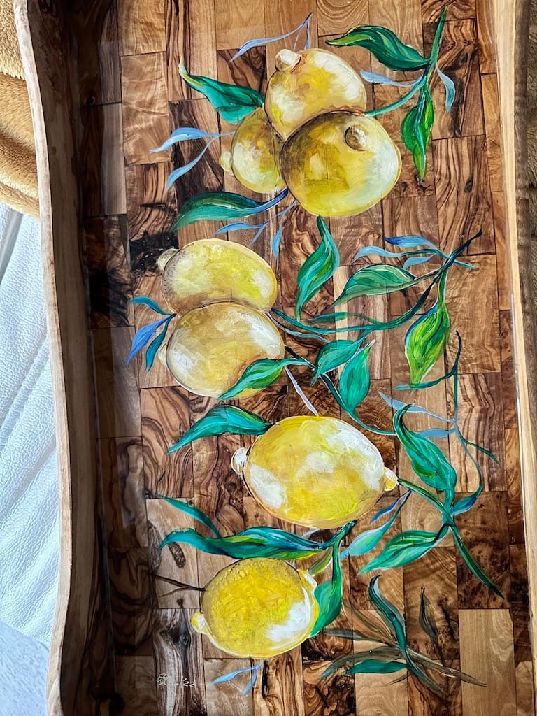 Hand-painted lemons rustic olive wood lap tray - Mediterranean home decor by Bonnymia
