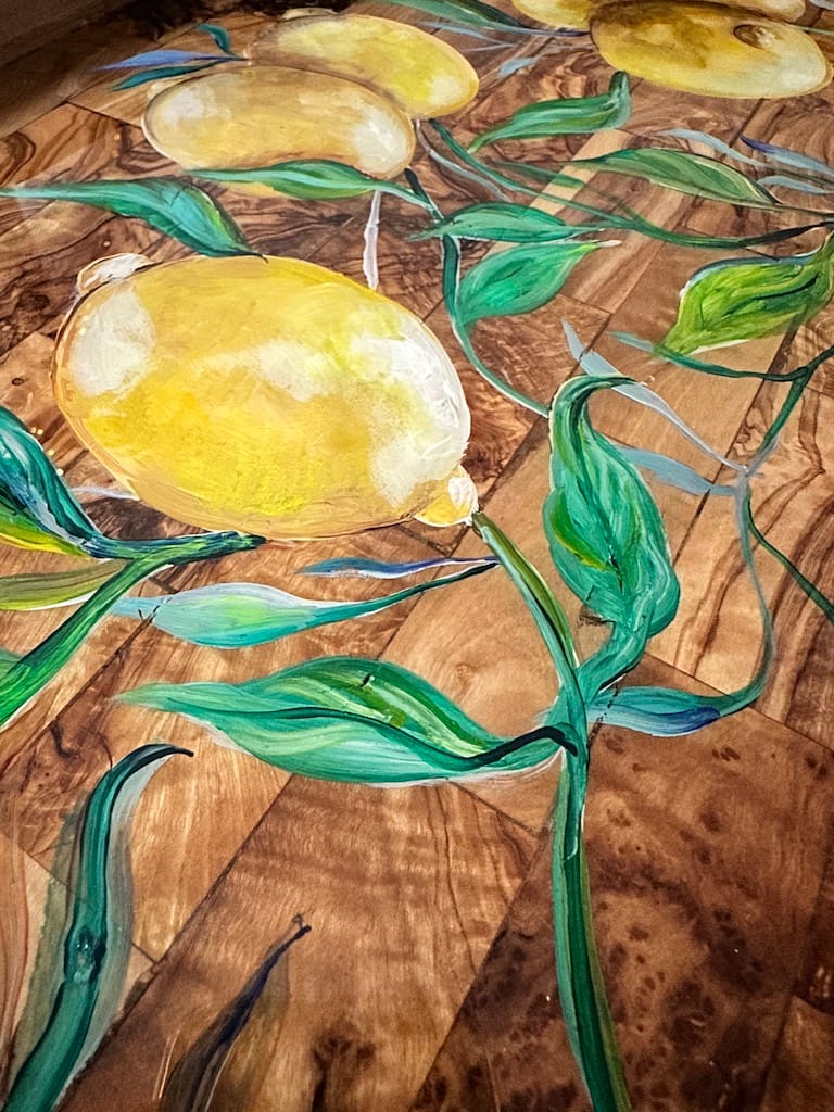 Hand-painted lemons rustic olive wood lap tray - Mediterranean home decor by Bonnymia