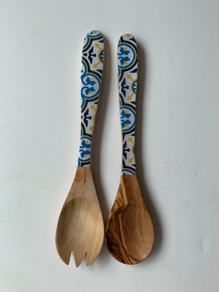 Nanna Blue tile-effect olive wood salad utensils - Mediterranean home decor by Bonnymia