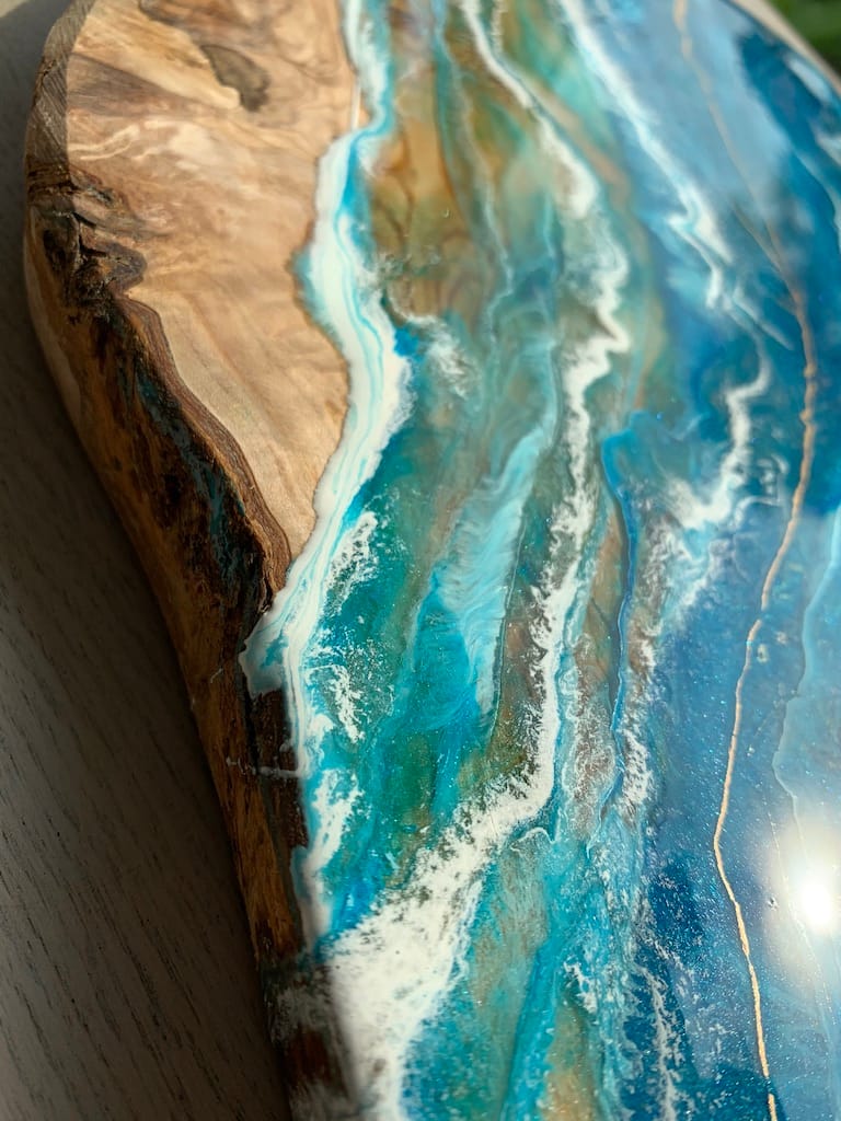 Blue Wave hand-painted rustic edge olive wood clock - Mediterranean home decor by Bonnymia