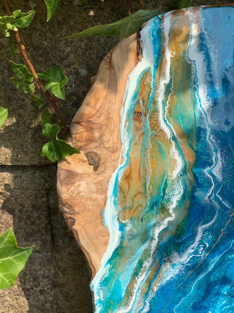 Blue Wave hand-painted rustic edge olive wood clock - Mediterranean home decor by Bonnymia
