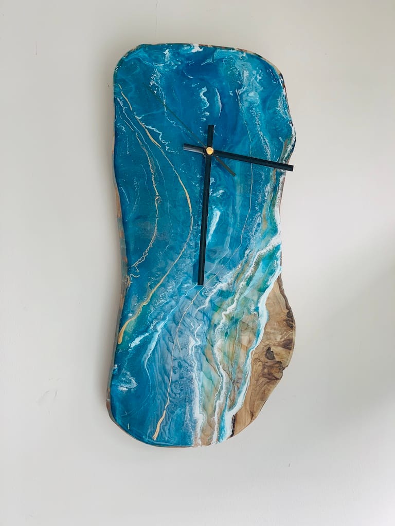 Blue Wave hand-painted rustic edge olive wood clock - Mediterranean home decor by Bonnymia