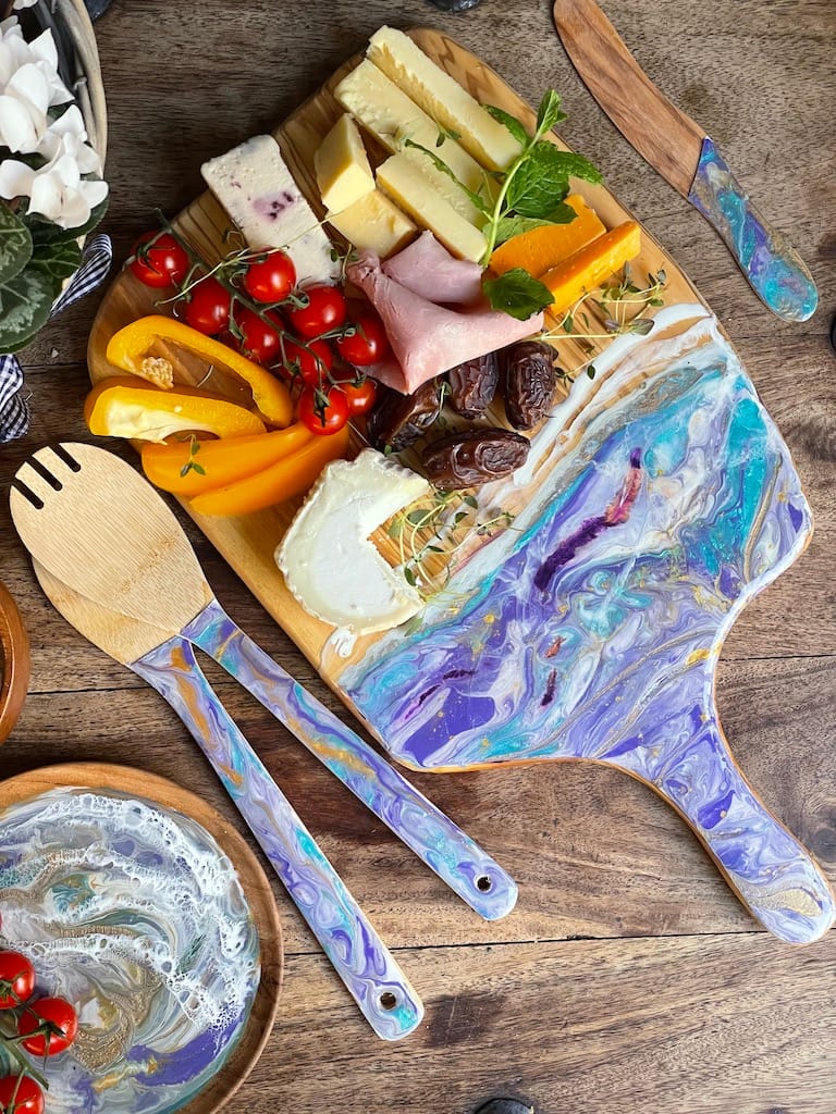 Purple and Turquoise Wave hand-painted bamboo salad utensils - Mediterranean home decor by Bonnymia