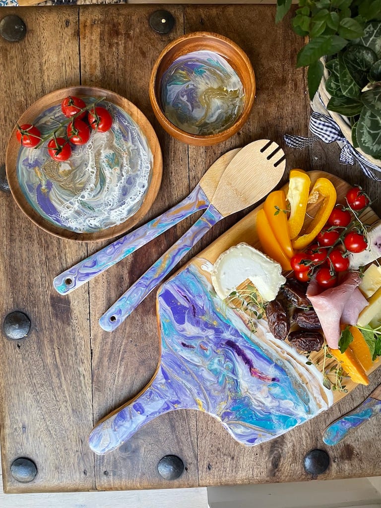 Purple and Turquoise Wave hand-painted bamboo salad utensils - Mediterranean home decor by Bonnymia