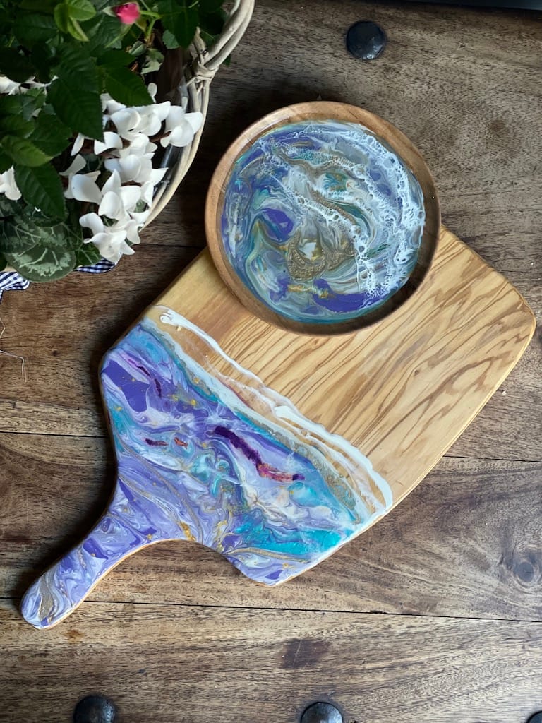 Hand-painted Purple and Turquoise Wave Acacia Wood Plate - Mediterranean home decor by Bonnymia