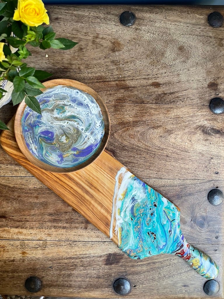 Hand-painted Purple and Turquoise Wave Acacia Wood Plate - Mediterranean home decor by Bonnymia