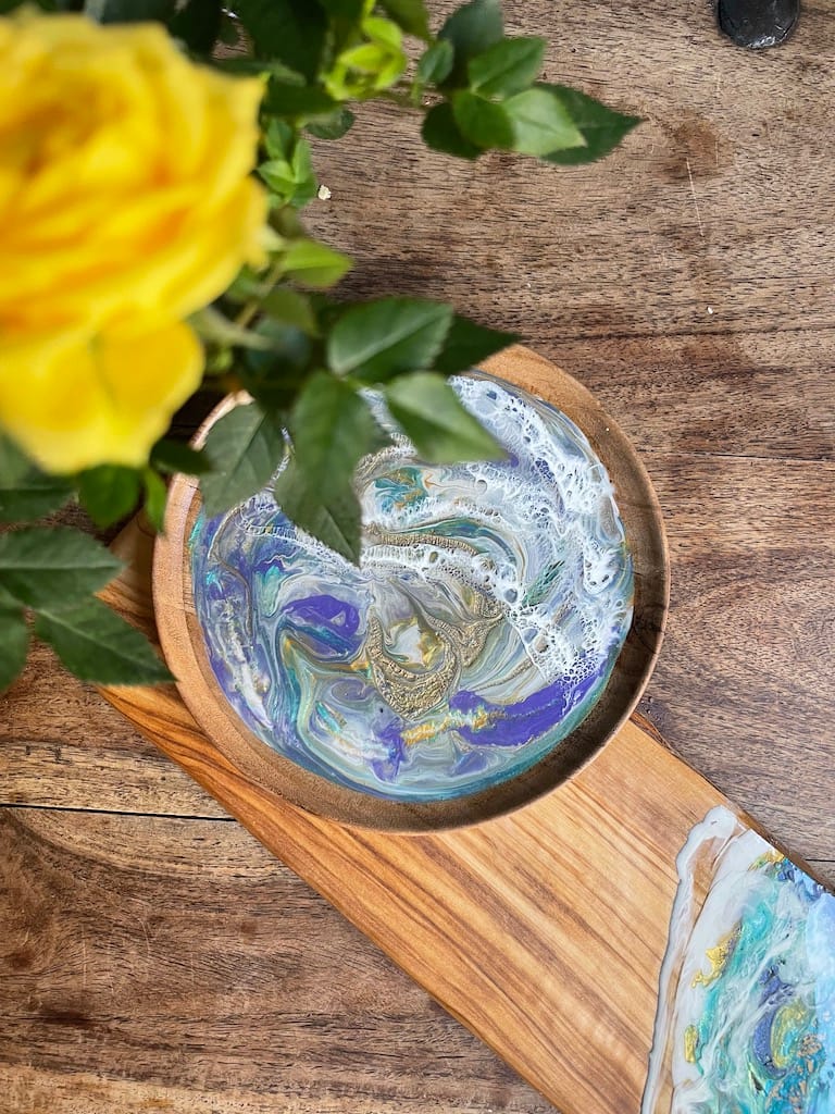 Hand-painted Purple and Turquoise Wave Acacia Wood Plate - Mediterranean home decor by Bonnymia