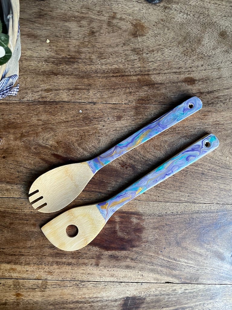 Purple and Turquoise Wave hand-painted bamboo salad utensils - Mediterranean home decor by Bonnymia