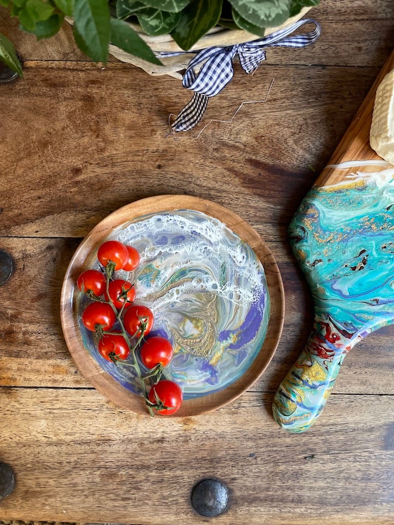 Hand-painted Purple and Turquoise Wave Acacia Wood Plate - Mediterranean home decor by Bonnymia
