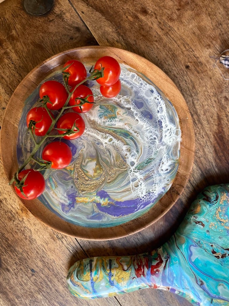 Hand-painted Purple and Turquoise Wave Acacia Wood Plate - Mediterranean home decor by Bonnymia