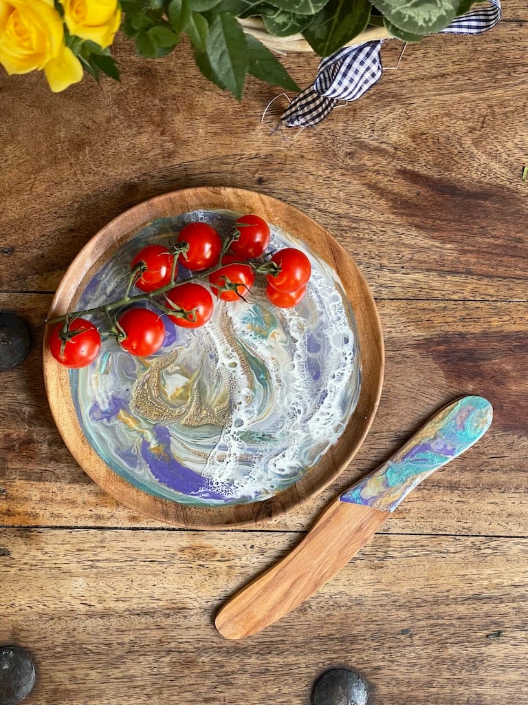 Hand-painted Purple and Turquoise Wave Acacia Wood Plate - Mediterranean home decor by Bonnymia