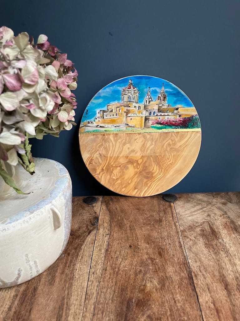 Mdina hand-painted olive wood piece - Mediterranean home decor by Bonnymia