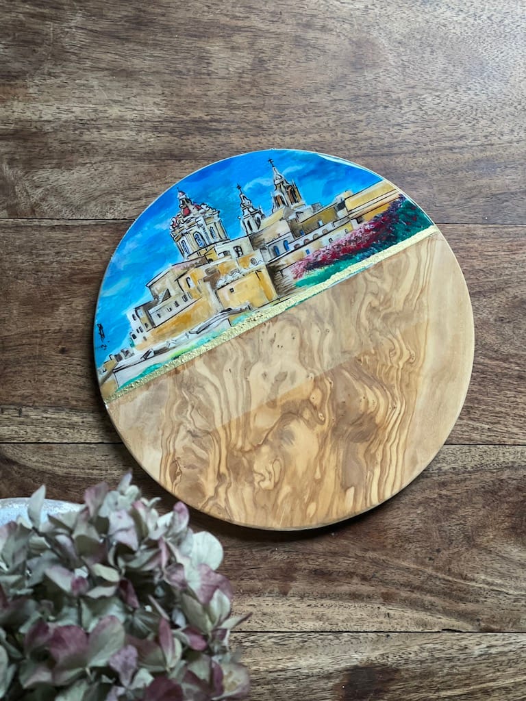 Mdina hand-painted olive wood piece - Mediterranean home decor by Bonnymia
