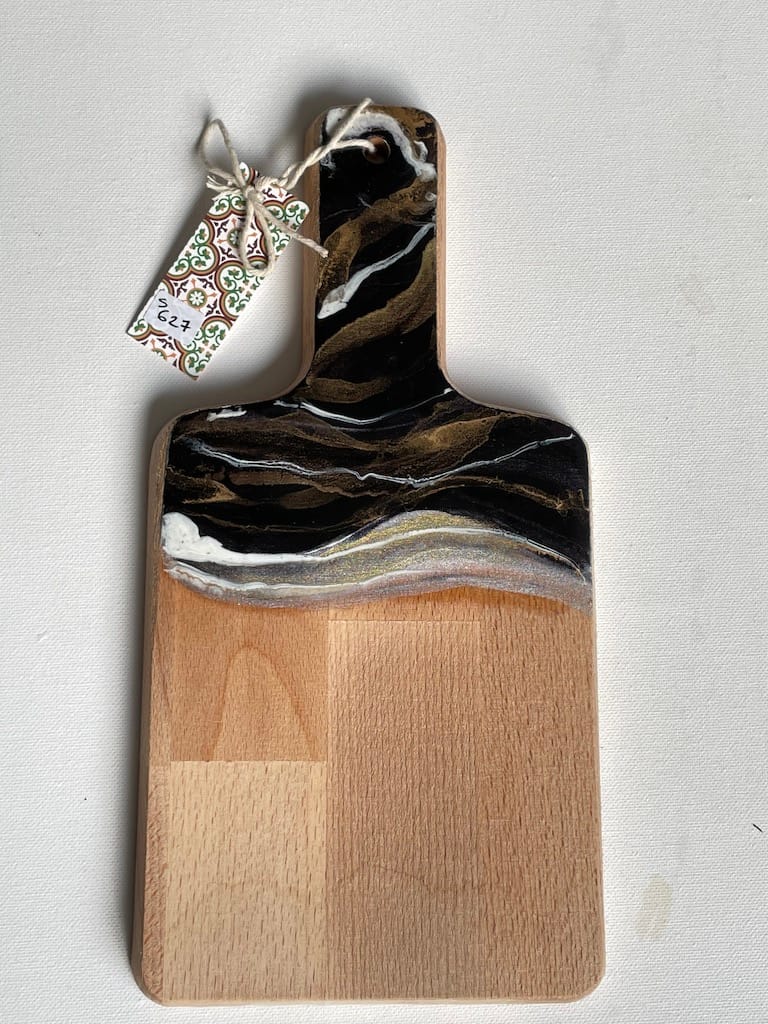 Black and Gold Wave hand-painted rubber wood board with handle - Mediterranean home decor by Bonnymia