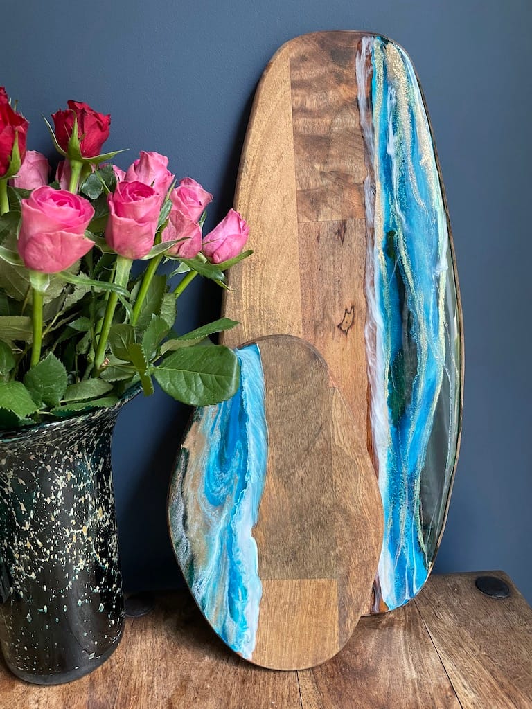 Side Wave hand-painted mango wood board - Mediterranean home decor by Bonnymia