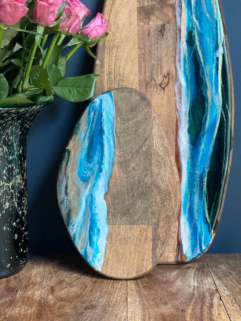 Side Wave hand-painted mango wood board - Mediterranean home decor by Bonnymia