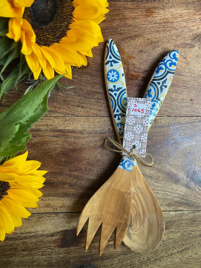 Nanna Blue tile-effect olive wood salad utensils - Mediterranean home decor by Bonnymia