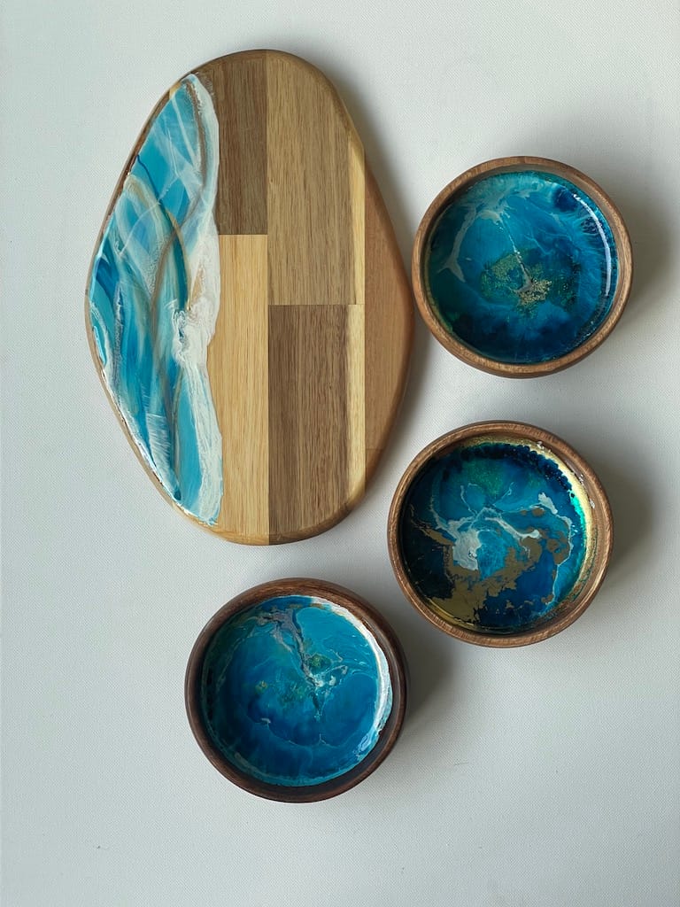 Wave hand-painted acacia wood charcuterie board - Mediterranean home decor by Bonnymia