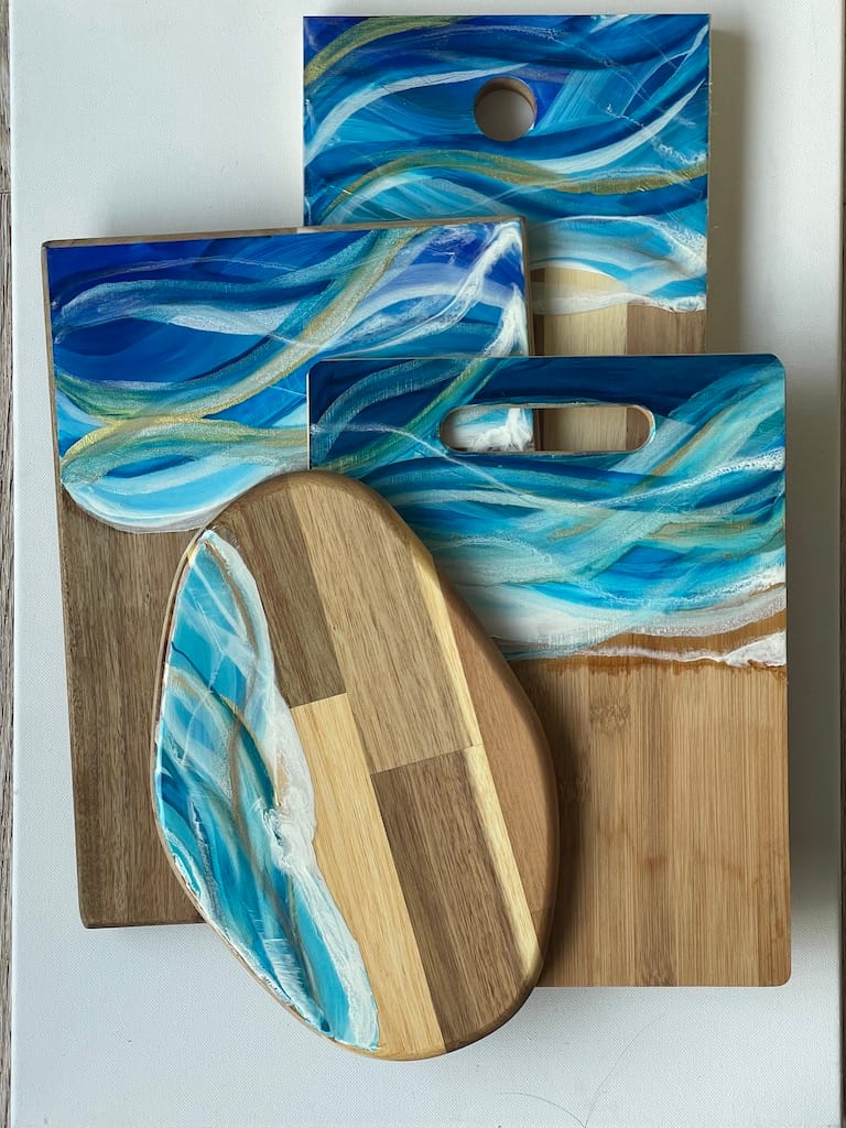Wave hand-painted acacia wood charcuterie board - Mediterranean home decor by Bonnymia
