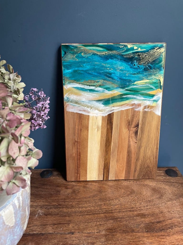Hand-painted Green and Gold Wave Oak Wood Charcuterie Board - Mediterranean home decor by Bonnymia
