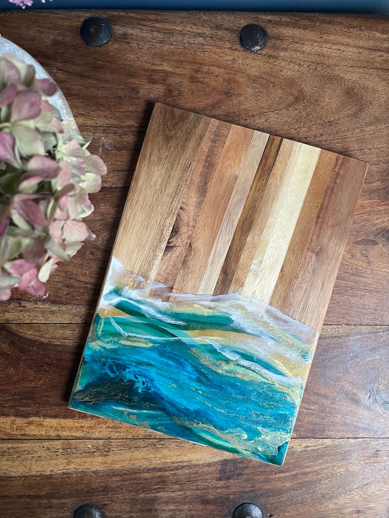 Hand-painted Green and Gold Wave Oak Wood Charcuterie Board - Mediterranean home decor by Bonnymia