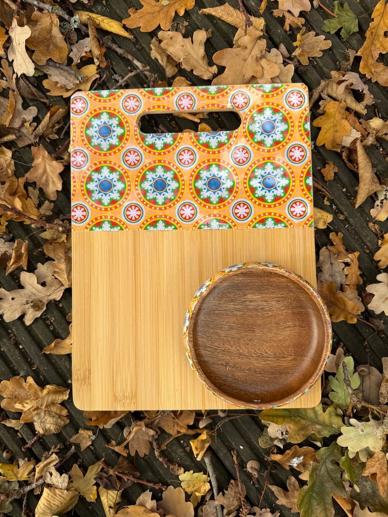 Queen Elizabeth Residence Orange tile-pattern charcuterie board, bamboo wood - Mediterranean home decor by Bonnymia