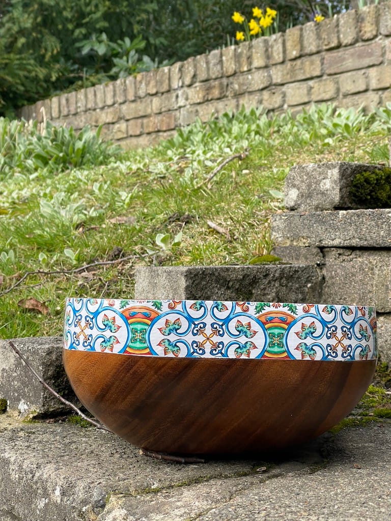 Nanna blue and green painted-effect acacia wood bowl - Mediterranean home decor by Bonnymia