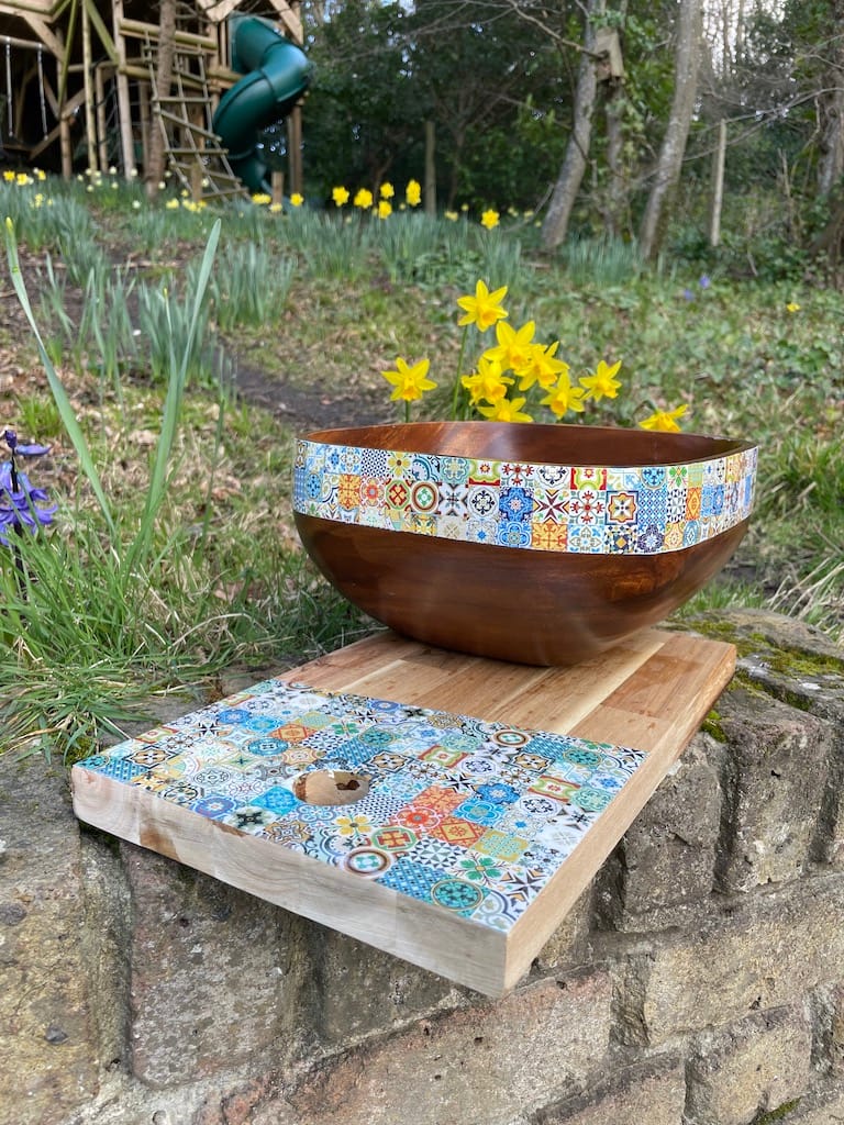 New Mix tile painted-effect Acacia Wood Bowl - Mediterranean home decor by Bonnymia