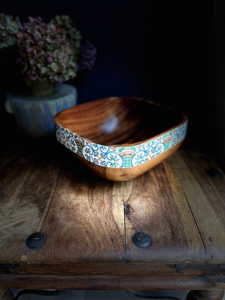 Nanna blue and green painted-effect acacia wood bowl - Mediterranean home decor by Bonnymia