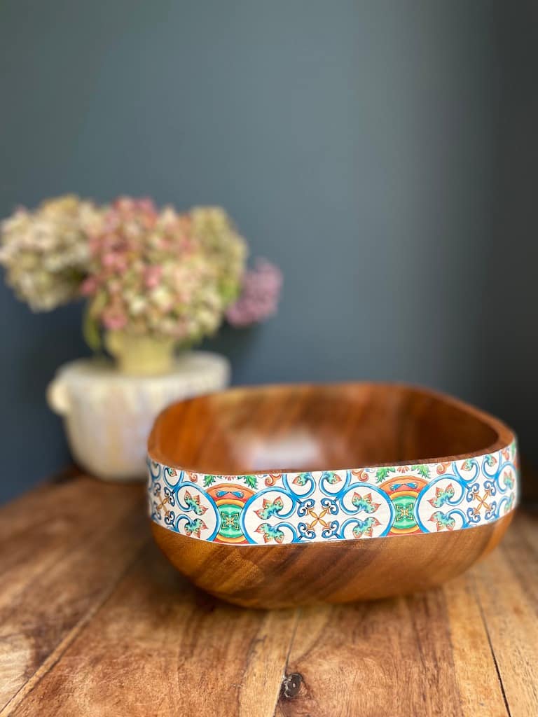 Nanna blue and green painted-effect acacia wood bowl - Mediterranean home decor by Bonnymia