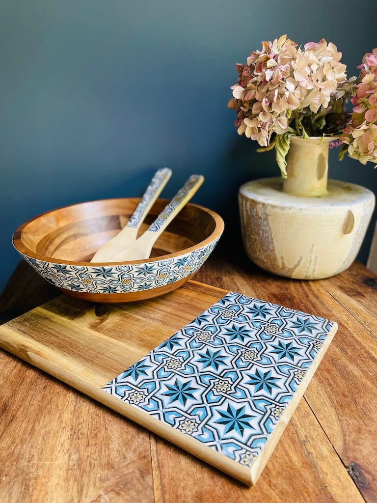Loire Star tile painted-effect acacia wood bowl - Mediterranean home decor by Bonnymia