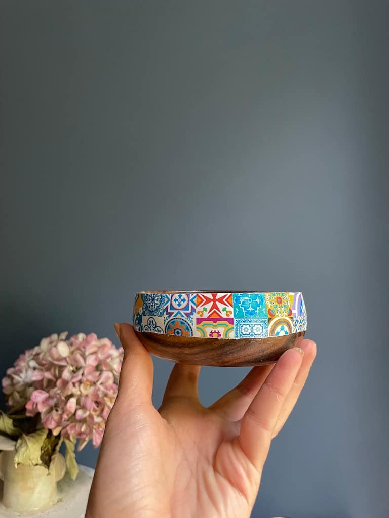 Bright Blue Mix tile painted-effect acacia wood mini snack bowl - Mediterranean home decor by Bonnymia