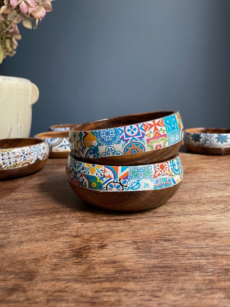 Bright Blue Mix tile painted-effect acacia wood mini snack bowl - Mediterranean home decor by Bonnymia