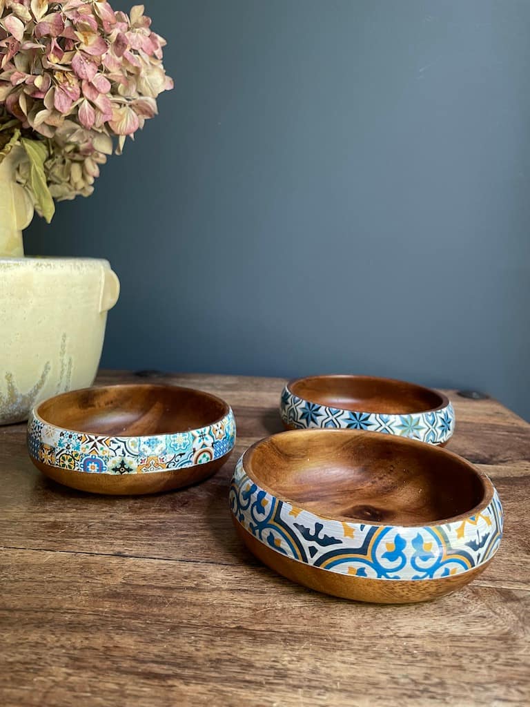 Loire Star tile painted-effect monkey pod wood snack bowl - Mediterranean home decor by Bonnymia