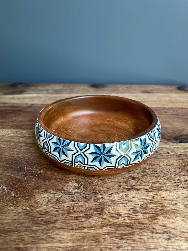 Loire Star tile painted-effect monkey pod wood snack bowl - Mediterranean home decor by Bonnymia
