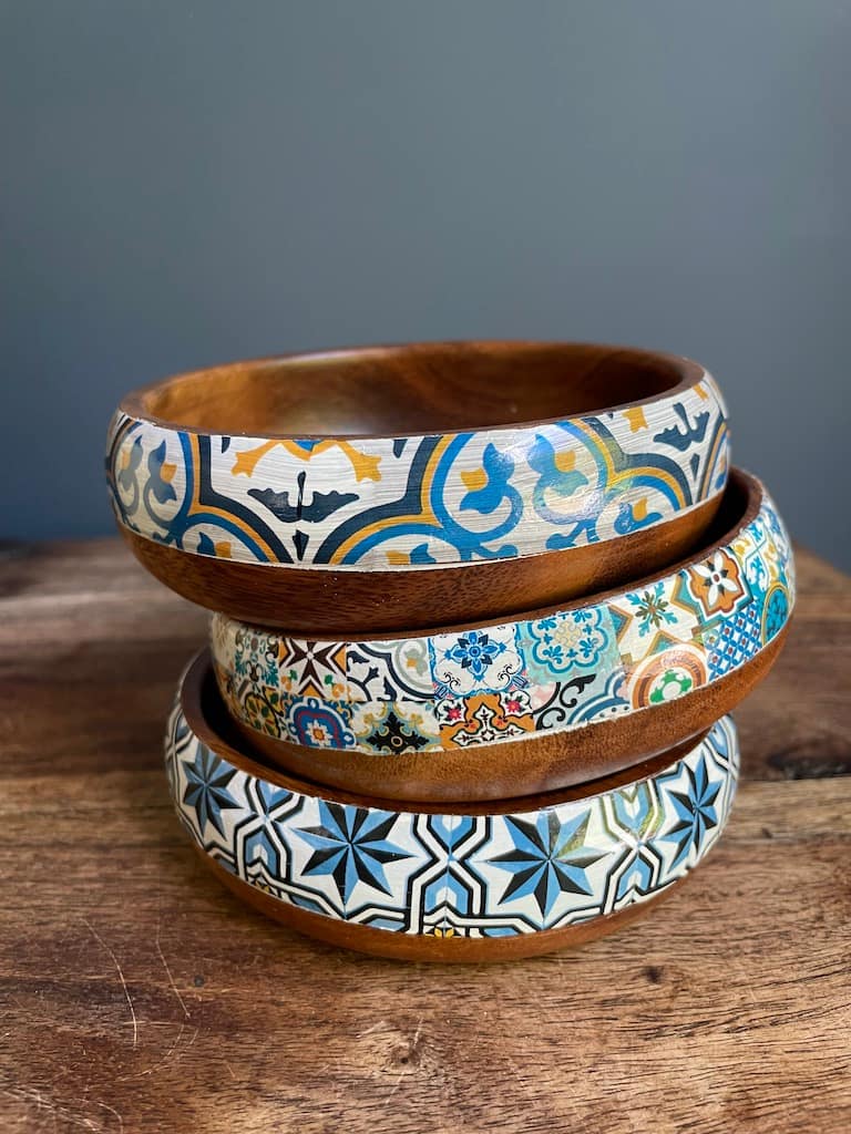 Loire Star tile painted-effect monkey pod wood snack bowl - Mediterranean home decor by Bonnymia
