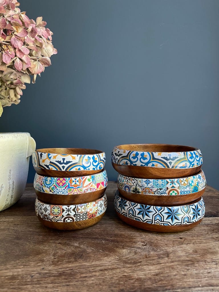 Bright Blue Mix tile painted-effect acacia wood mini snack bowl - Mediterranean home decor by Bonnymia