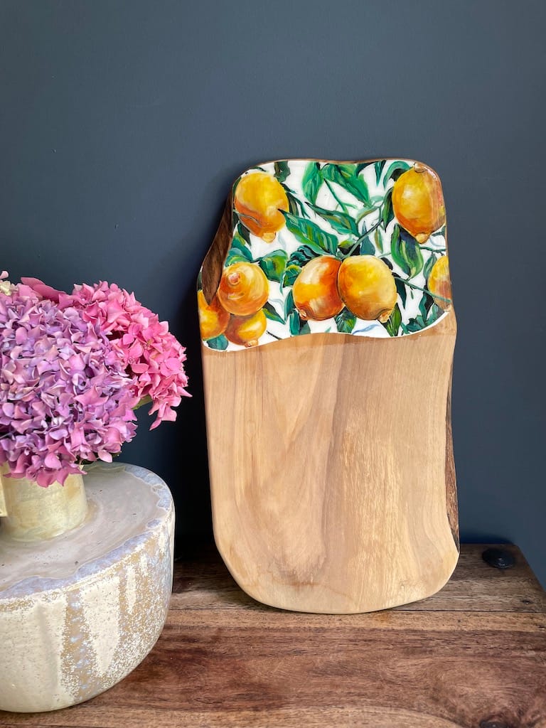 Hand-painted lemons top grain olive wood charcuterie board - Mediterranean home decor by Bonnymia