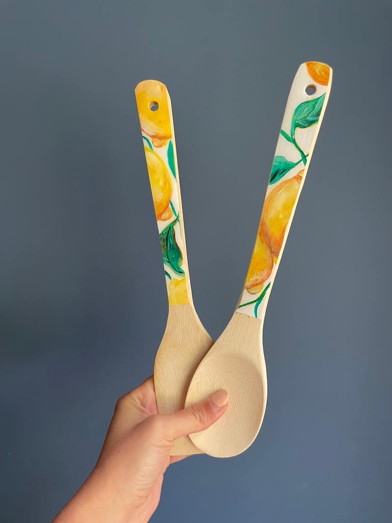 Hand-painted lemons bamboo wood utensils - Mediterranean home decor by Bonnymia